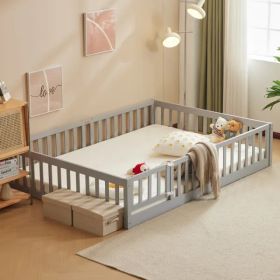 Gray Painted Pine Wood Playpen Bed With Door And Board, Full-size Children's Wooden Bed (Option: Defaulttitle)