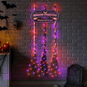 Halloween Decorations Broom Parking Sign with 3 Witch Brooms Ã¢â‚¬â€œ Themed Wooden Sign Porch Decor for Indoor Outdoor Door Home Wall Halloween Party (Color: Orange Purple Orange Lights)