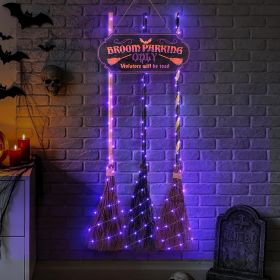 Halloween Decorations Broom Parking Sign with 3 Witch Brooms Ã¢â‚¬â€œ Themed Wooden Sign Porch Decor for Indoor Outdoor Door Home Wall Halloween Party (Color: Purple Lights)