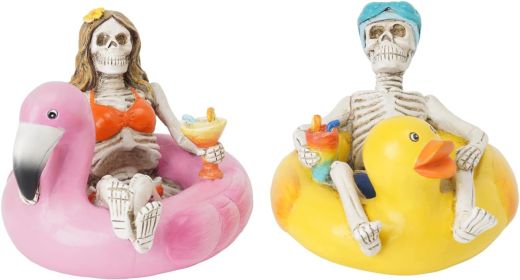 Summer Decorations Halloween Skeleton Statue - Collectible Figurines Summerween Couple with Dangling Leg Bikini Sunglass 7.5H in Perfect for Coastal T (Set name: Skeleton with Floats)