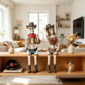 Summer Decorations Halloween Skeleton Statue - Collectible Figurines Summerween Couple with Dangling Leg Bikini Sunglass 7.5H in Perfect for Coastal T (Set name: Skeleton with Cowboy)