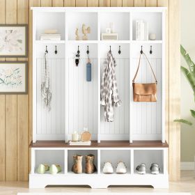 Farmhouse Hall Tree with 8 Hooks, Practical Entryway Bench with Open Compartments, 76.7"H Modern 3-in-1 Wooden Style Coat and Shoe Rack for Mudroom (Color: White)