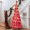 6FT Red Pop-Up Christmas Tree with 150 Warm White LED Lights, Ornaments Included – 4 Ribbons, Bow, Flowers, Snowflakes