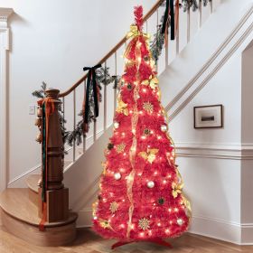 6FT Red Pop-Up Christmas Tree with 150 Warm White LED Lights, Ornaments Included – 4 Ribbons, Bow, Flowers, Snowflakes (Color: as Pic)