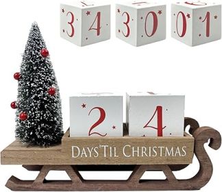 Christmas Countdown Blocks Santa Sleigh Advent Calendar 99 Days Christmas Tree Decorations Wooden Farmhouse Rustic Sign Xmas Party Holiday Décor for H (Color: Christmas Tree)