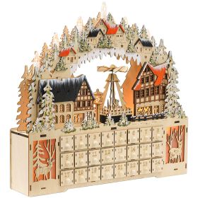 Christmas Advent Calendar, Light Up Wooden Holiday Decoration with 24 Countdown Drawers and LED Lights for Kids and Adults, Battery Operated, Natural (Theme: Festive Village, Color: Natural Wood)