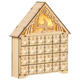 Christmas Advent Calendar, Light Up Wooden Holiday Decoration with 24 Countdown Drawers and LED Lights for Kids and Adults, Battery Operated, Natural (Theme: Manger Scene, Color: Natural Wood)