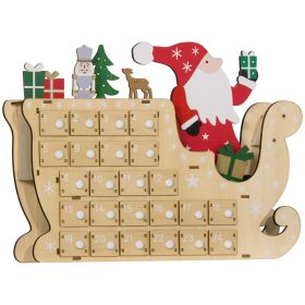 Christmas Advent Calendar, Light Up Wooden Holiday Decoration with 24 Countdown Drawers and LED Lights for Kids and Adults, Battery Operated, Natural (Theme: Santa and Sleigh, Color: Natural Wood)