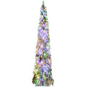 Tall Prelit Pencil Artificial Christmas Tree Holiday Décor with Snow Flocked Branches, Warm White or Colorful LED Lights, Downswept Shape (Color: Green, size: 7ft)