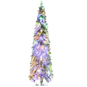 Tall Prelit Pencil Artificial Christmas Tree Holiday Décor with Snow Flocked Branches, Warm White or Colorful LED Lights, Downswept Shape (Color: Green, size: 6ft)