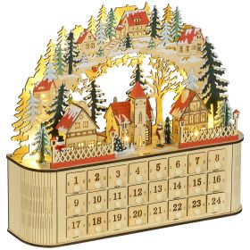 Christmas Advent Calendar, Light Up Wooden Holiday Decoration with 24 Countdown Drawers and LED Lights for Kids and Adults, Battery Operated, Natural (Theme: Red Roofed House, Color: Natural Wood)