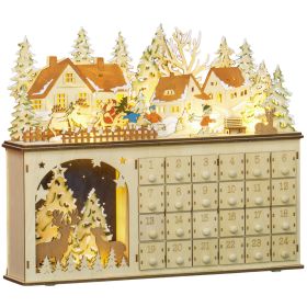 Christmas Advent Calendar, Light Up Wooden Holiday Decoration with 24 Countdown Drawers and LED Lights for Kids and Adults, Battery Operated, Natural (Theme: Santa Claus, Color: Natural Wood)