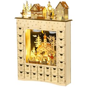 Christmas Advent Calendar, Light Up Wooden Holiday Decoration with 24 Countdown Drawers and LED Lights for Kids and Adults, Battery Operated, Natural (Theme: Christmas Tree, Color: Natural Wood)