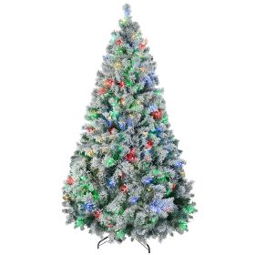 Prelit Artificial Christmas Tree Holiday Décor with Snow Flocked Branches, Warm White or Colorful LED Lights, Steel Base (Color: Green, size: 7.5ft)