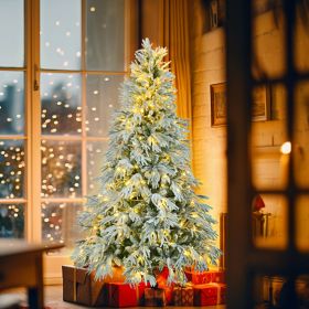 6FT Pre-Lit Spruce Snow Flocked Christmas Tree, Artificial Hinged Xmas Tree with 300 Multi-Color LED Lights, 8 Flashing Modes &790 Snow Branch Tips (Material: POLYETHYLENE, Color: White+Green)