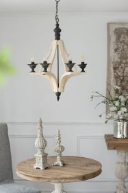 6 - Light Wood Chandelier, Hanging Light Fixture with Adjustable Chain for Kitchen Dining Room Foyer Entryway, Bulb Not Included (Color: as Pic)
