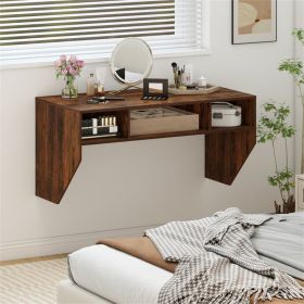 Wall-Mounted Computer Desk Floating Laptop Desk with 3 Storage Compartments (Color: Brown)