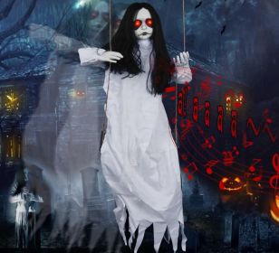 Scary Halloween Decorations Outdoor, Halloween Hanging Swinging Doll Girl with Sound & Slap Activated, Light Up Eyes Creepy Sound Expressions (style: Halloween hanging white robed ghost)