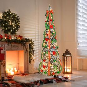 6ft Pop up Artificial Christmas Pine Tree with 150 Warm White Lights, Xmas Tree Holiday Party Decorations with Sturdy Metal Stand (Gold&Silver) (Color: Flock Red & Green)