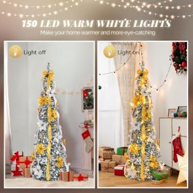 6ft Pop up Artificial Christmas Pine Tree with 150 Warm White Lights, Xmas Tree Holiday Party Decorations with Sturdy Metal Stand (Gold&Silver) (Color: Flock Gold & Silver)