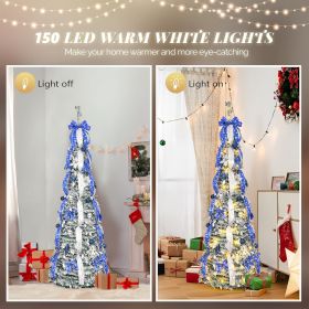6ft Pop up Artificial Christmas Pine Tree with 150 Warm White Lights, Xmas Tree Holiday Party Decorations with Sturdy Metal Stand (Gold&Silver) (Color: Flock Blue & Silver)