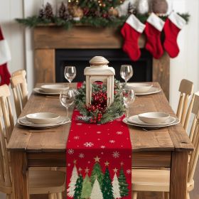 Christmas Table Runner 13x72 Inch, Xmas Trees Snowflakes Winter Holiday Decorative Farmhouse Table Decorations for Kitchen Dinning (Color: Red)