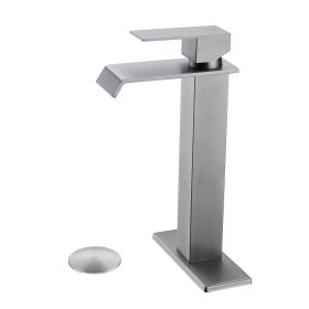 Waterfall Spout Bathroom Sink Single Handle Faucet with Pop-Up Drain (No Overflow) (Color: as Pic)