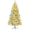 6FT Snow Flocked Christmas Tree, Pre-Lit Set with Tree & Garland & Wreath, Artificial Hinged Xmas Tree with Colorful LED Lights, 8 Lighting Modes
